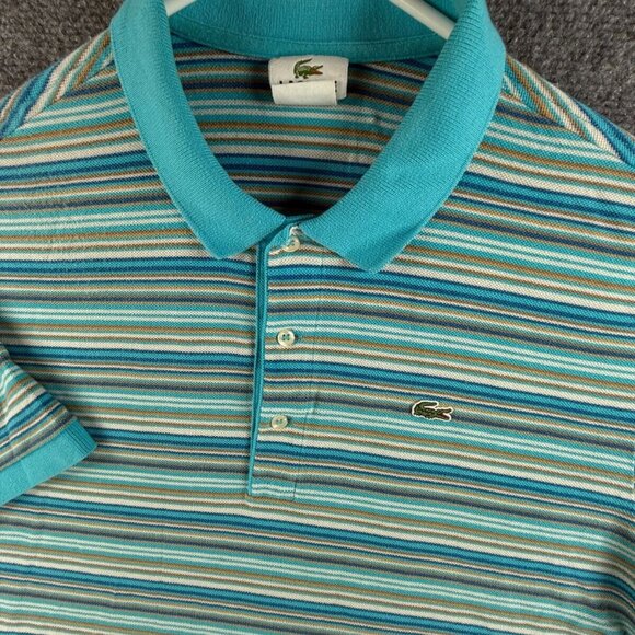 Lacoste Short Sleeve Polo Croc Logo Cotton Striped Blue Brown Size 6 Colorful - Picture 1 of 16